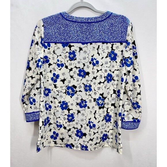 Talbots Floral 3/4 Sleeve Top Womens Small Blue White Notch Neck Popover Preppy - Picture 3 of 9